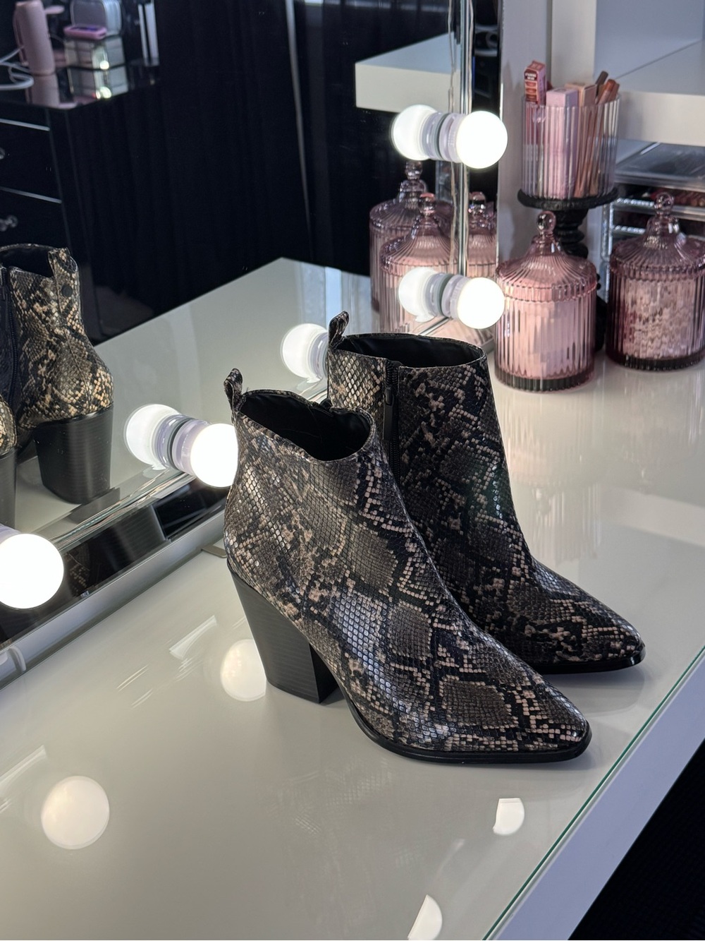 Kendall & Kylie Black and Gray Snake-Print Ankle Boots